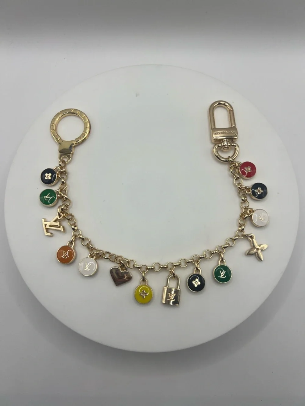 1417. Gold Tone Bag Chain with Multicolor Enamel Skittles. 12”